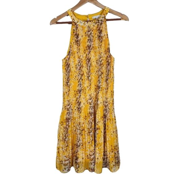 Maison d'Amelie Yellow Floral Paris Pleated Halter Style Dress Size Large - Picture 1 of 7